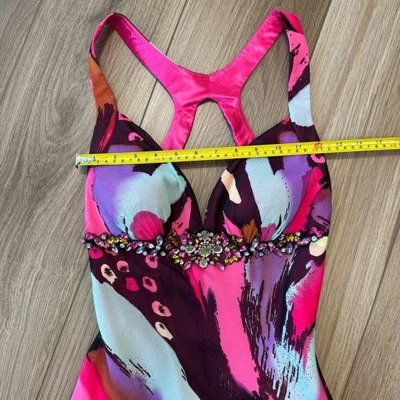 Pink Purple Colorful Abstract Embellished Gown Maxi Prom Dress - Picture 12 of 16